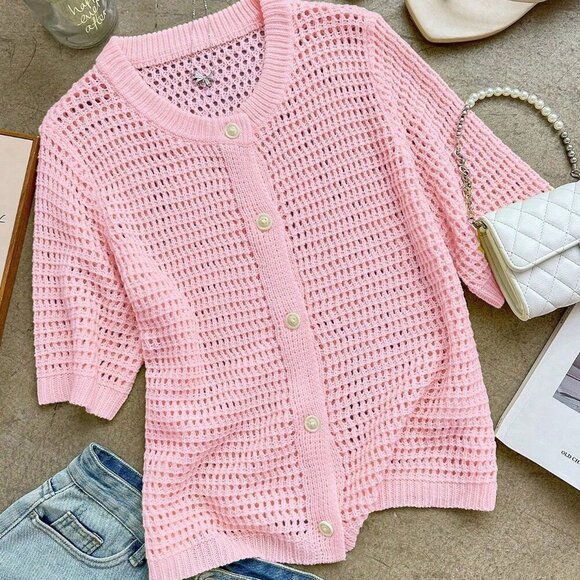 Pink Casual Women's Round Neck Short Sleeved Hollow Knitted Cardigan - Picture 7 of 9
